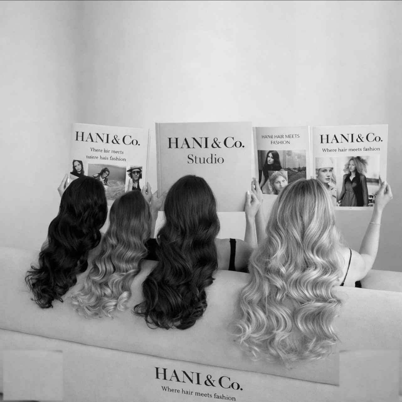 Hani & Co. Studio — long, styled hair extensions on display with branded look boards